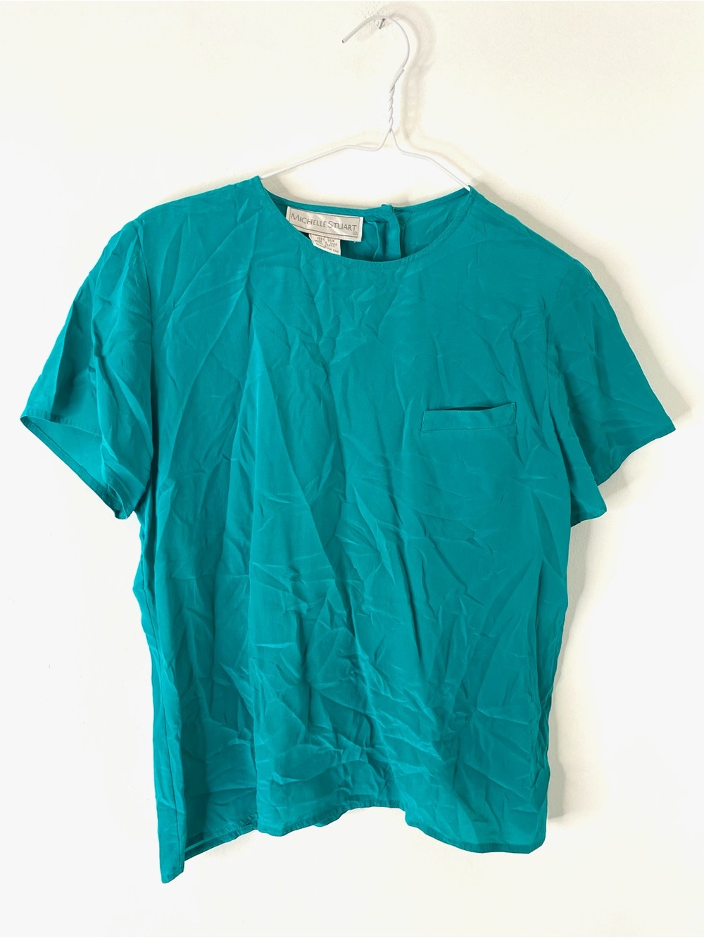 Vintage Michelle Stuart Aqua Silk Blouse Shoulder Pad Top